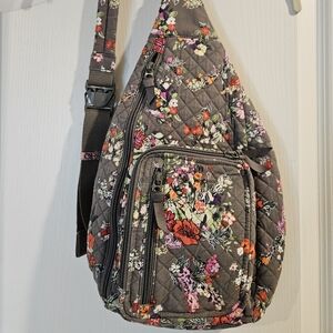 Vera Bradley, multi colored floral, grey background, large sling or shoulder bag